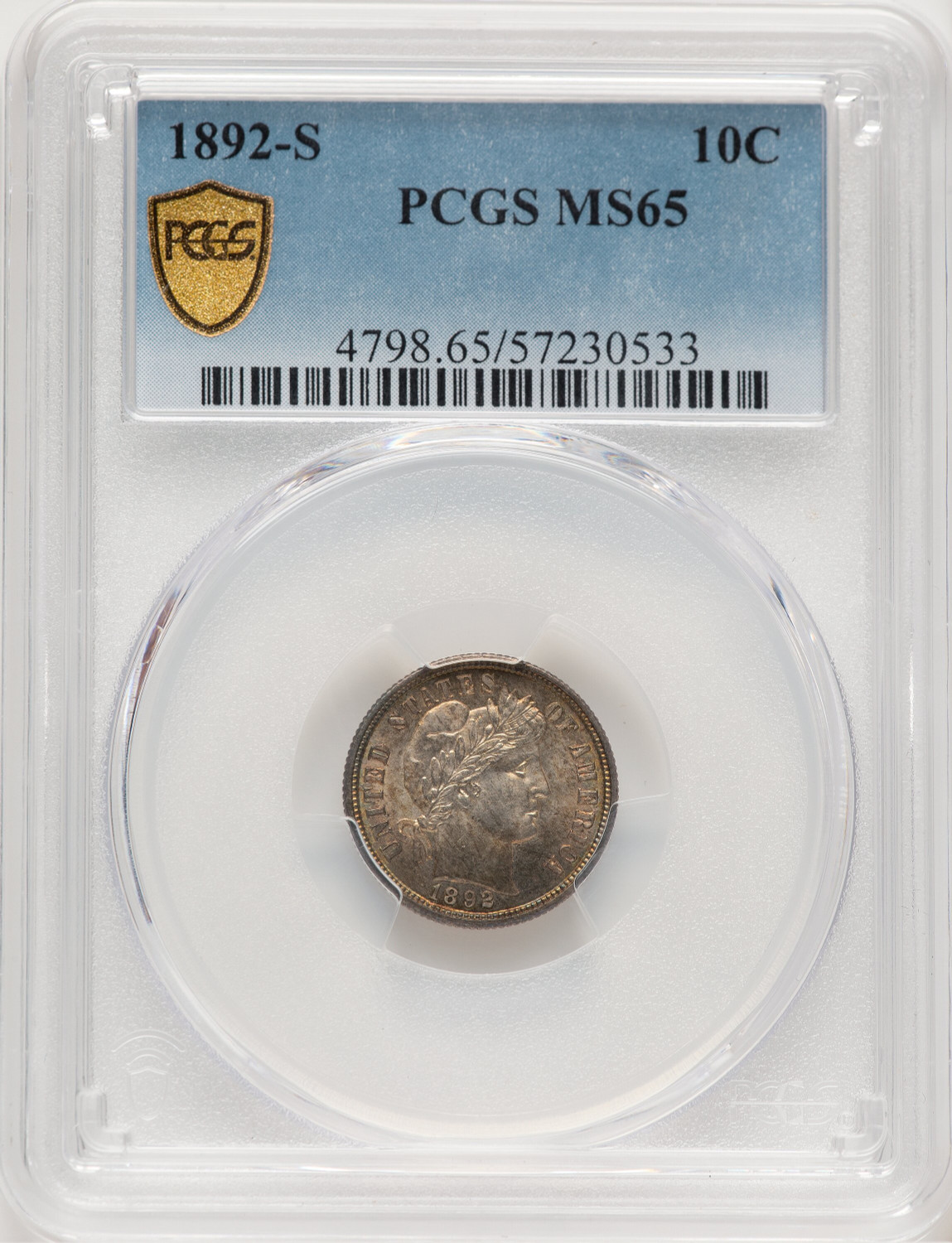 1892-S 10C Barber Dime PCGS MS65