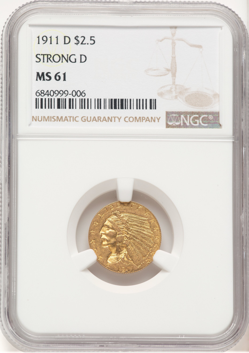 1911-D $2.50 Indian Quarter Eagle NGC MS61 (779153001)