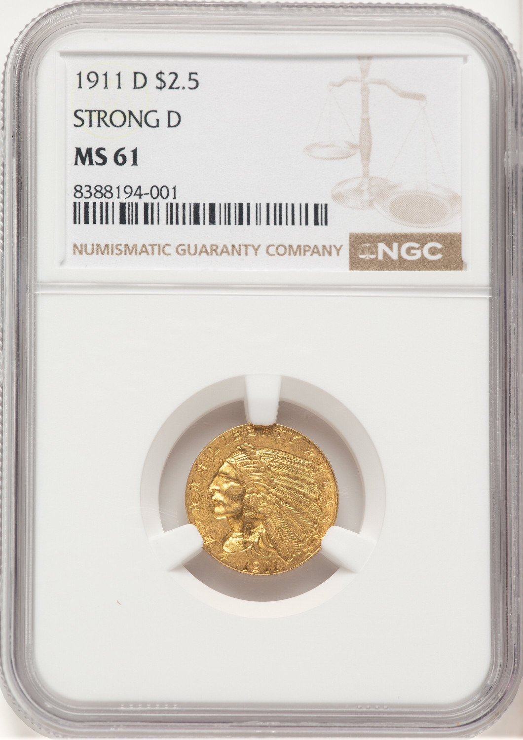 1911-D $2.50 Indian Quarter Eagle NGC MS61 (779153002)