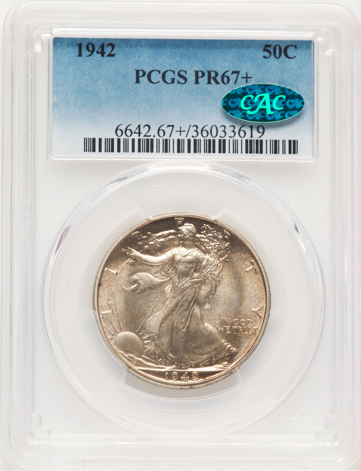 1942 50C CAC Proof Walking Liberty Half Dollar PCGS PR67+