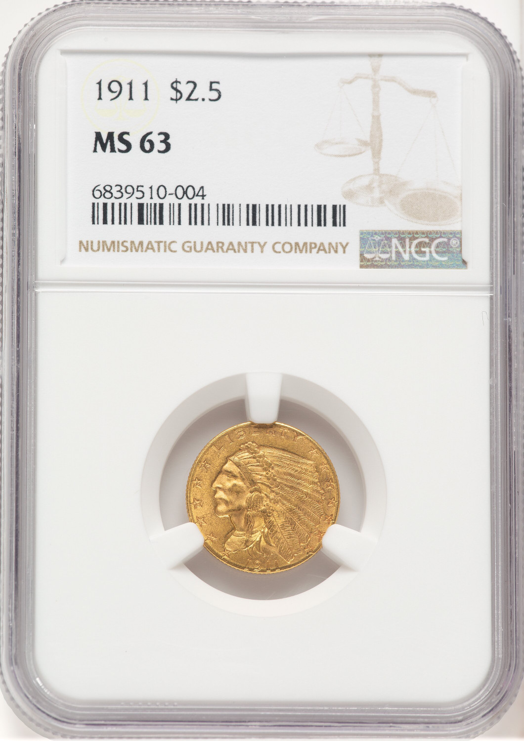 1911 $2.50 Indian Quarter Eagle NGC MS63 (779624001)