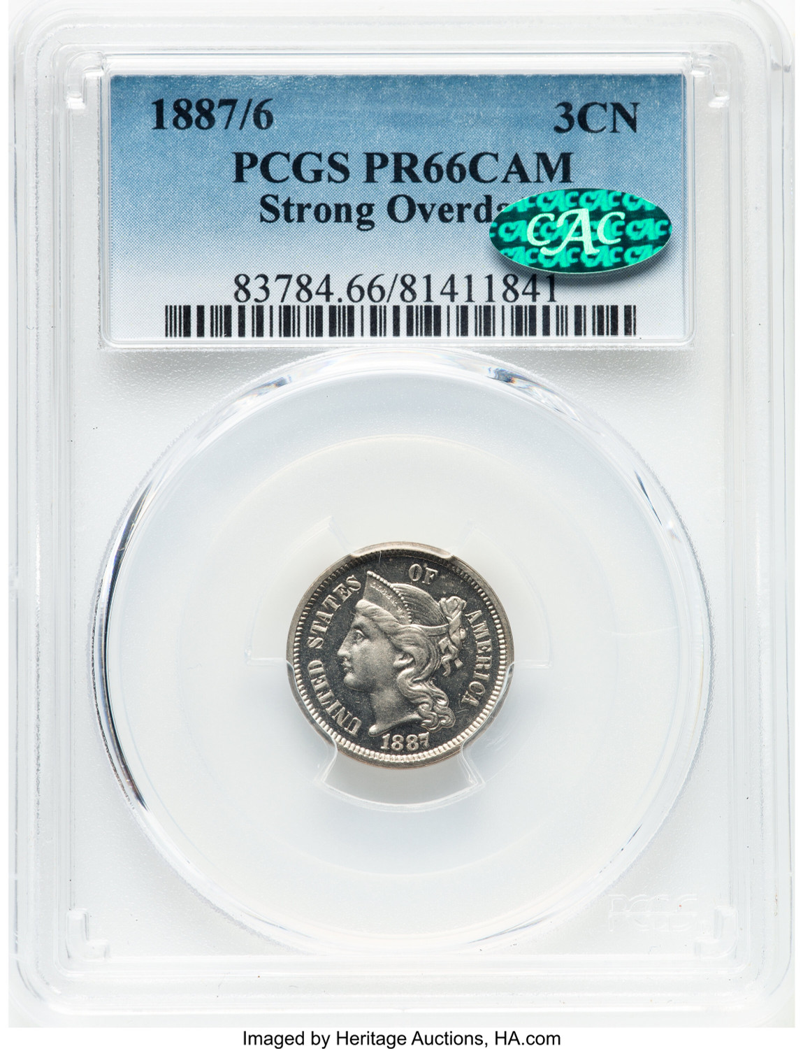 1887/6 3CN JD-1 CA CAC Proof Three Cent Nickel PCGS PR66