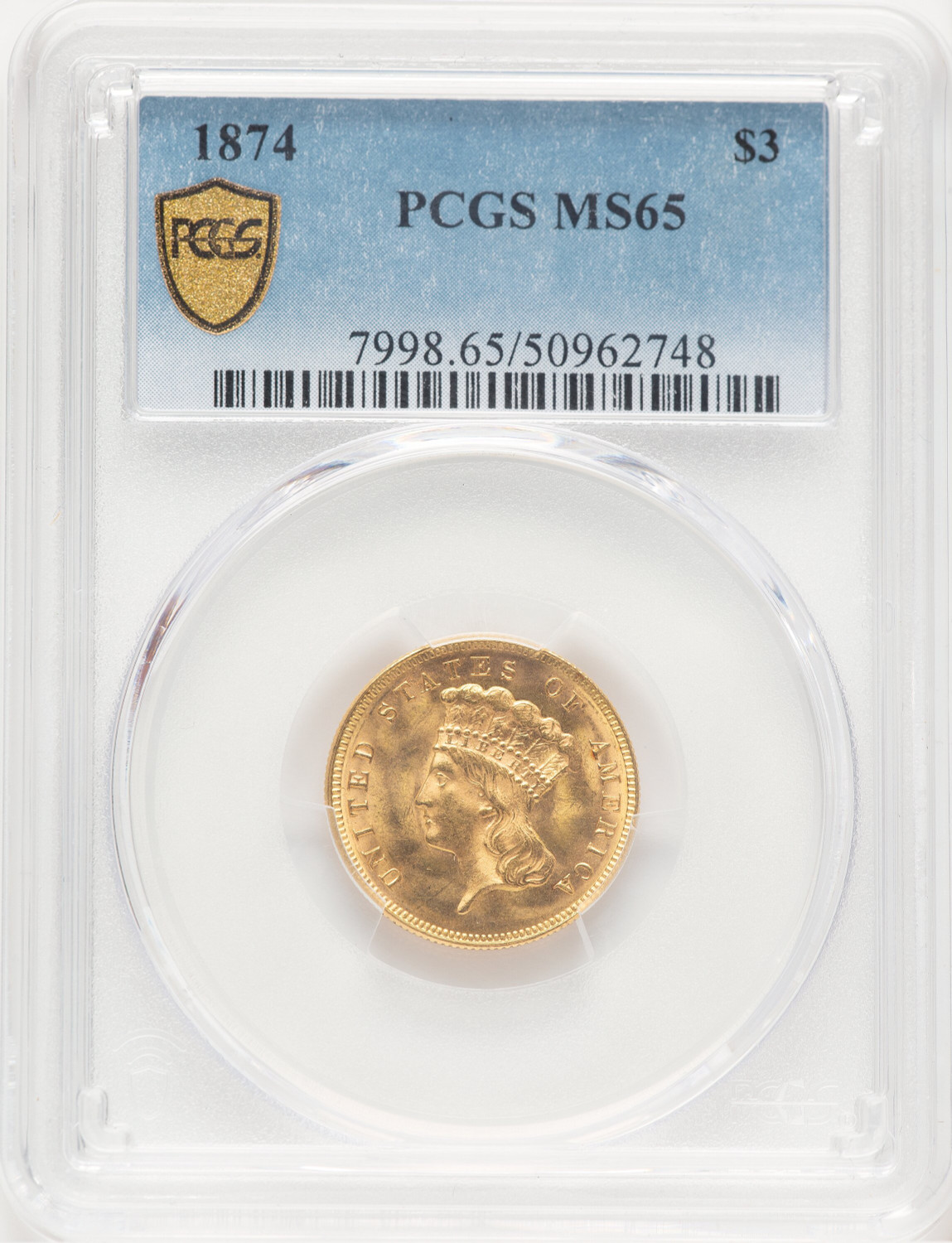 1874 $3 Three Dollar Gold Pieces PCGS MS65