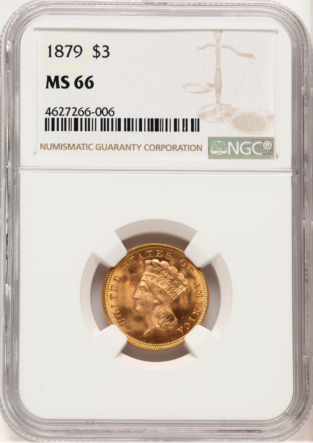 1879 $3 Three Dollar Gold Pieces NGC MS66