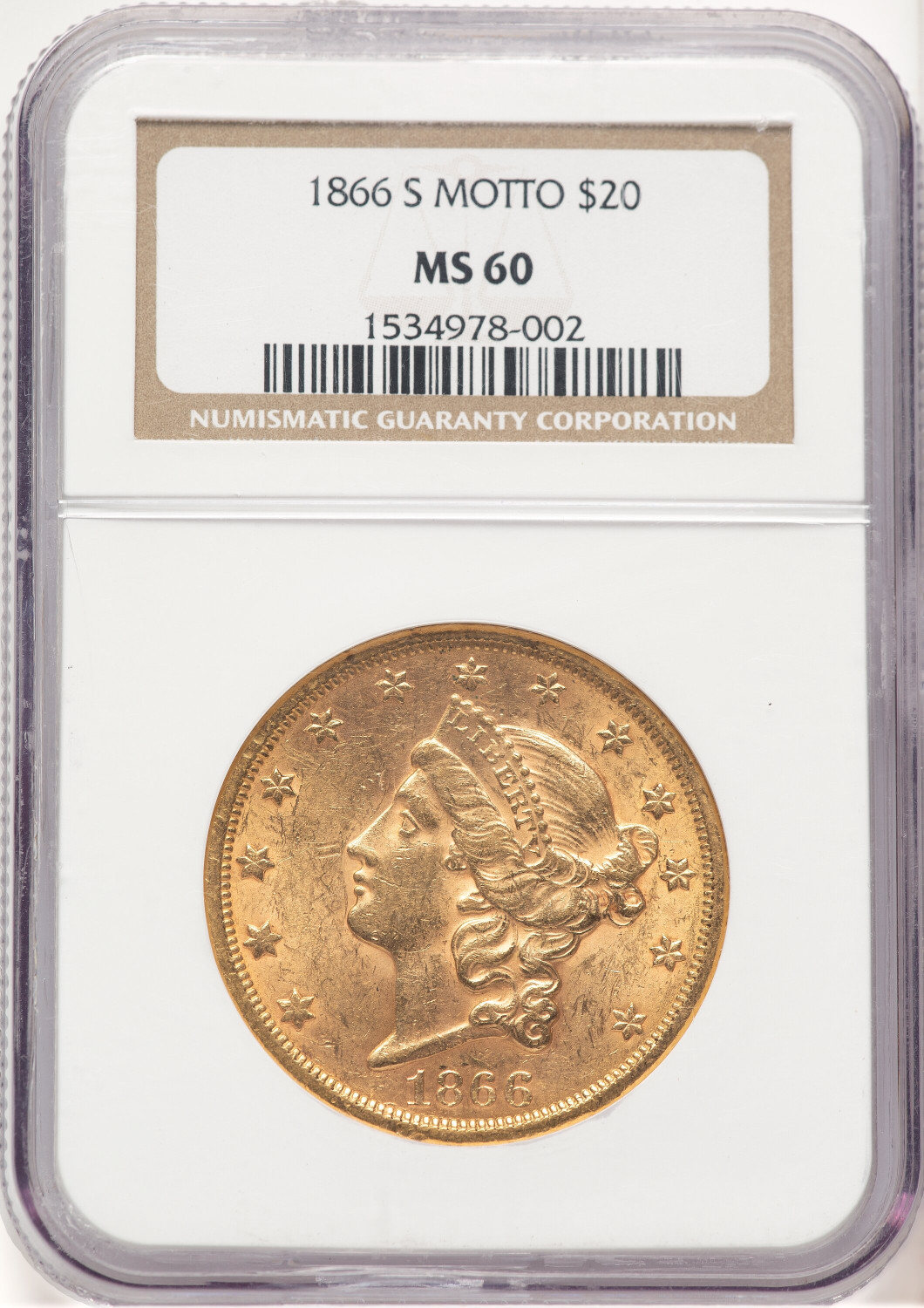 1866-S $20 MOTTO Liberty Double Eagle NGC MS60