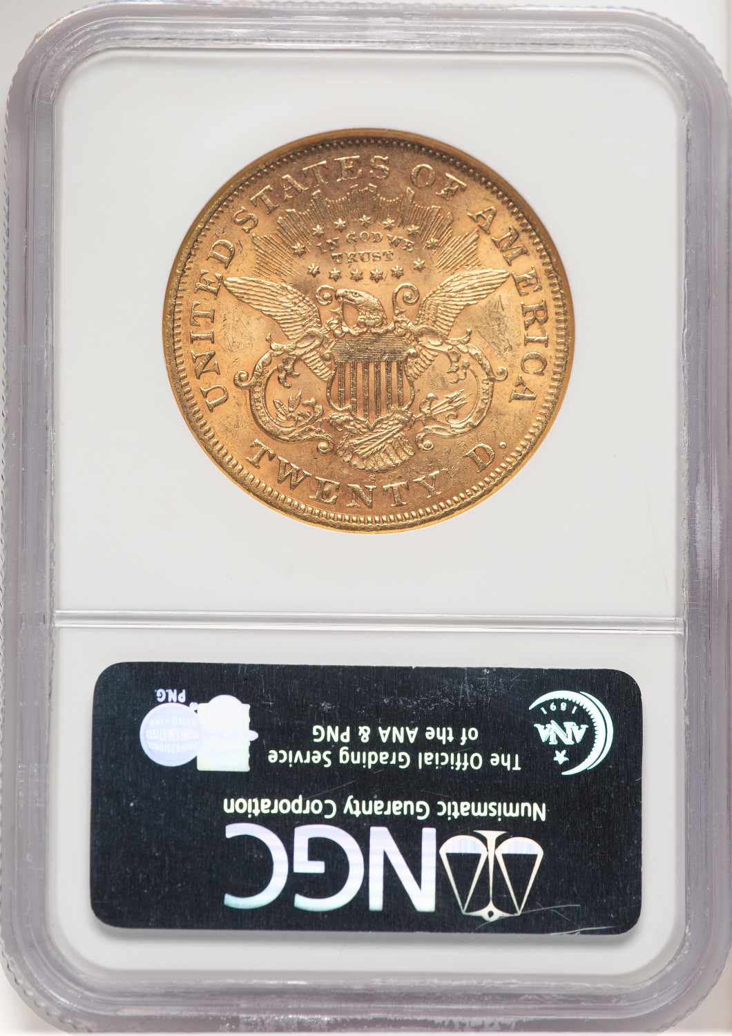 1866-S $20 MOTTO Liberty Double Eagle NGC MS60. Second image.