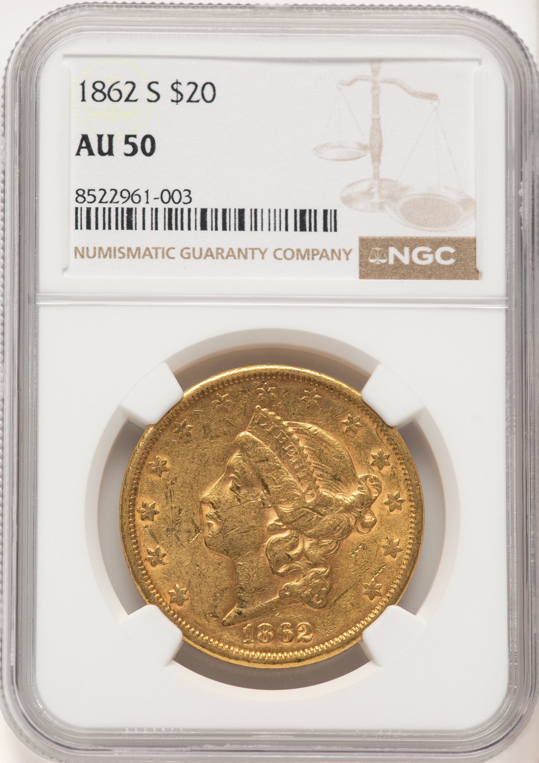 1862-S $20 Liberty Double Eagle NGC AU50 (177339041)