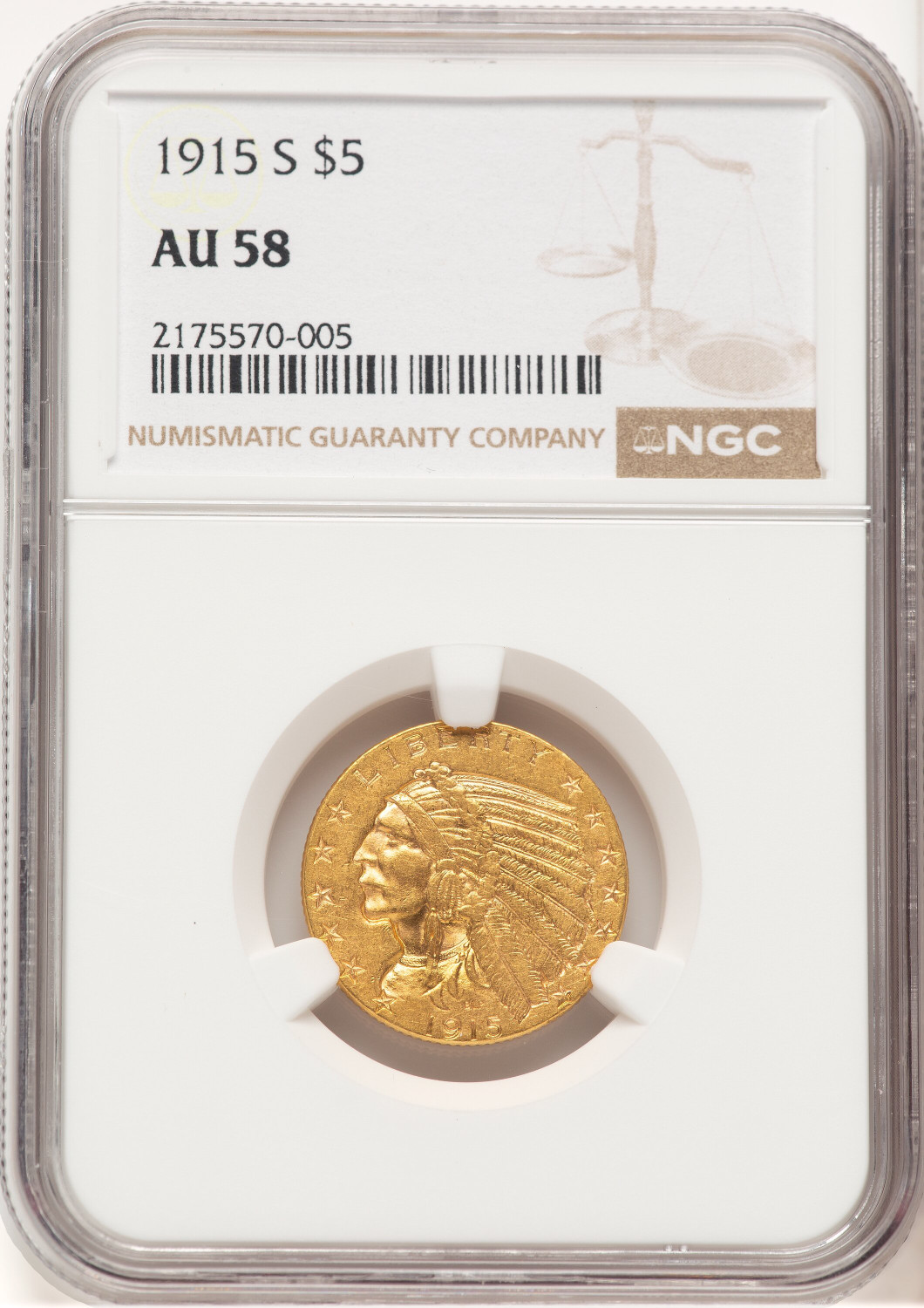 1915-S $5 Indian Half Eagle NGC AU58 (521661004)