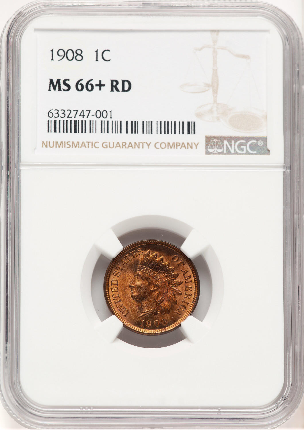 1908 1C RD Indian Cent NGC MS66+