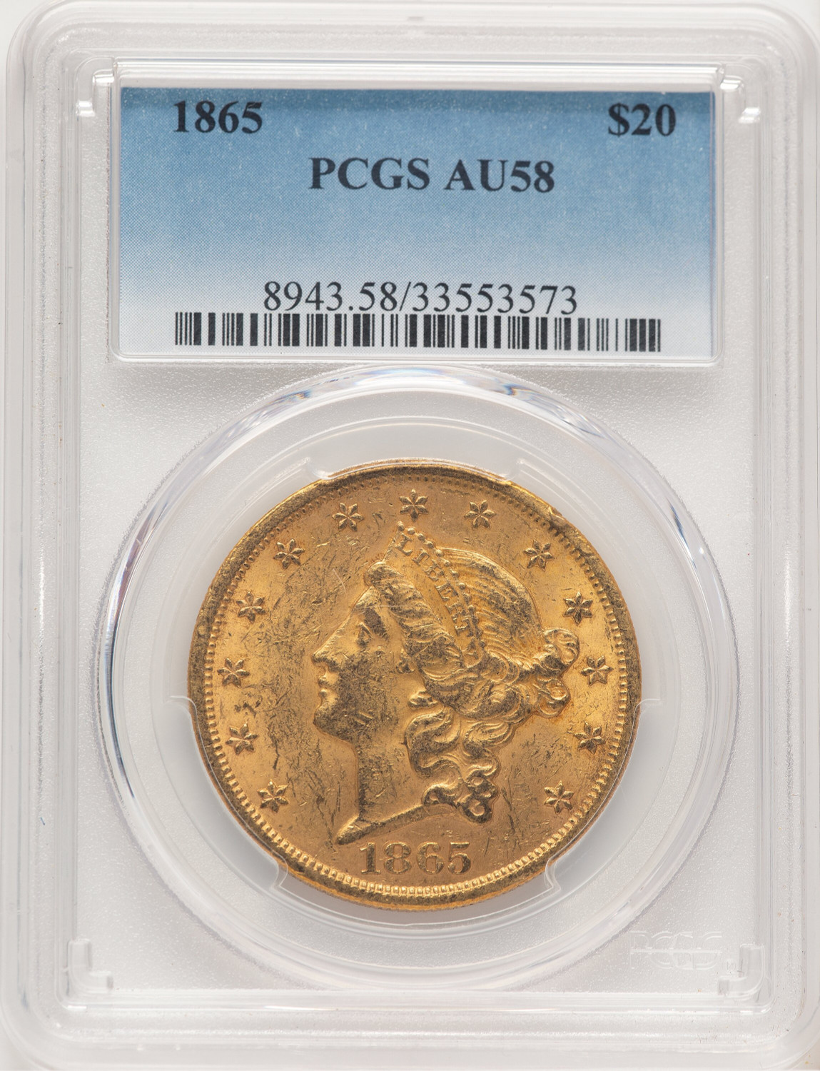 1865 $20 Liberty Double Eagle PCGS AU58