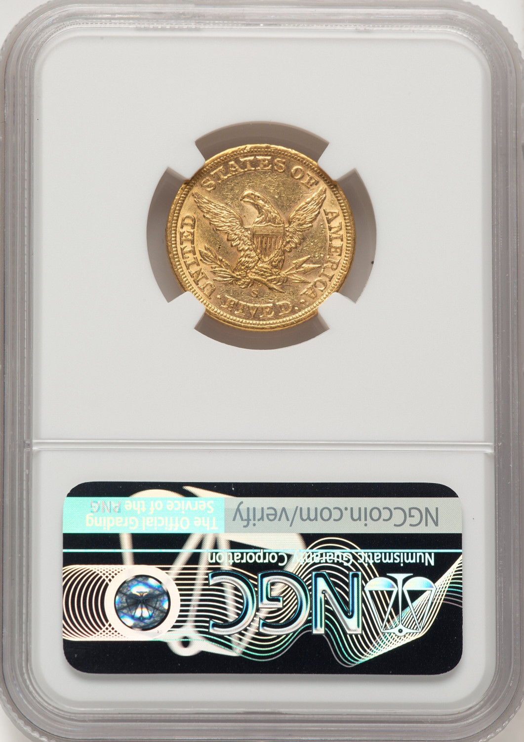 1858-S $5 Liberty Half Eagle NGC AU58. Second image.