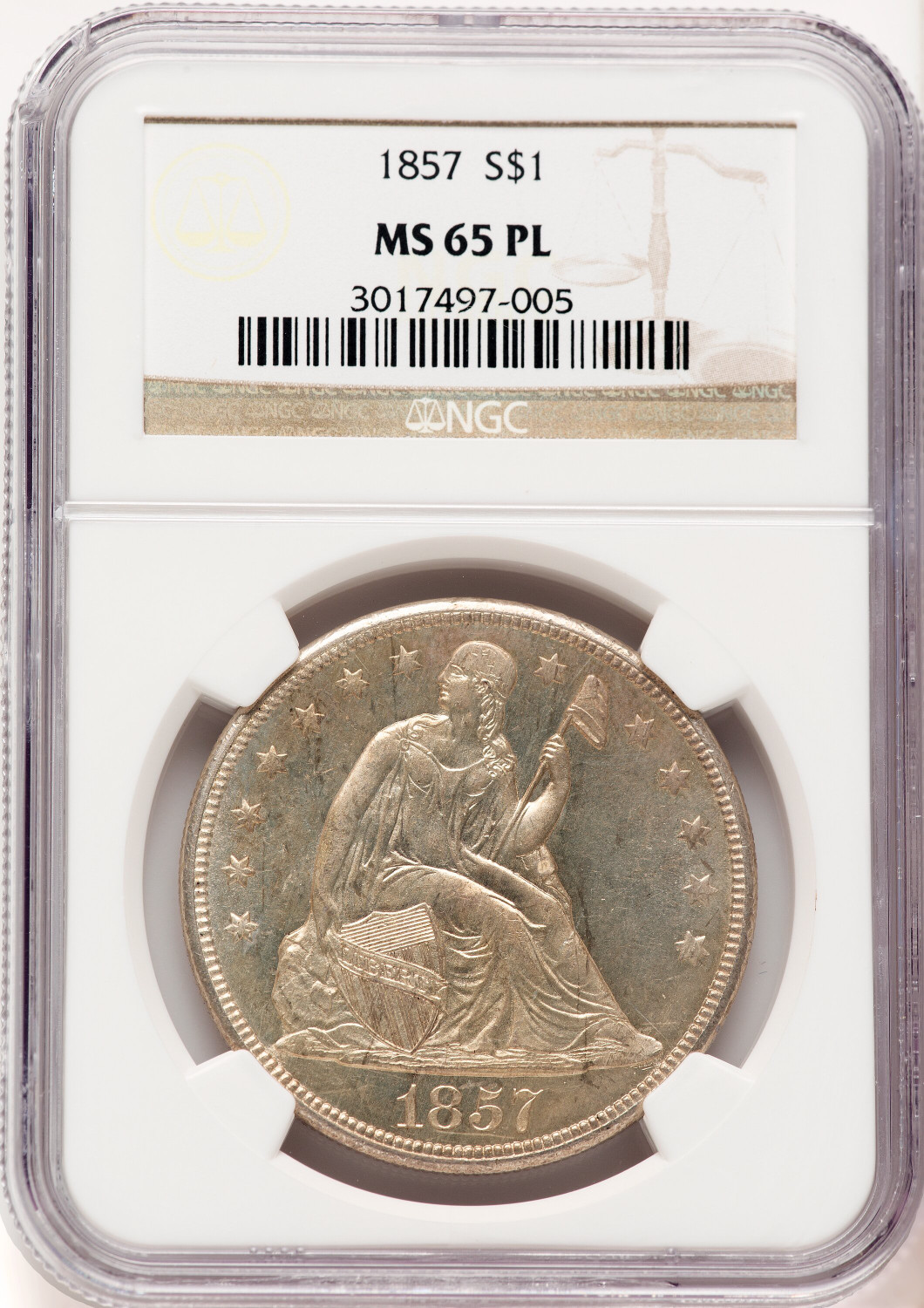 1857 $1 PL Seated Dollar NGC MS65 - LCR Coin