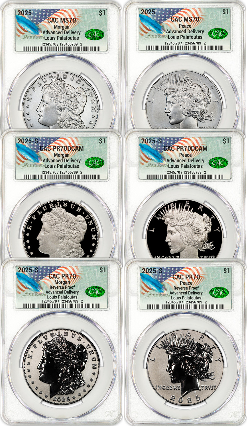 2025 Morgan Peace Silver Dollar 6-Coin Set AD CAC MS70 | LCR Coin