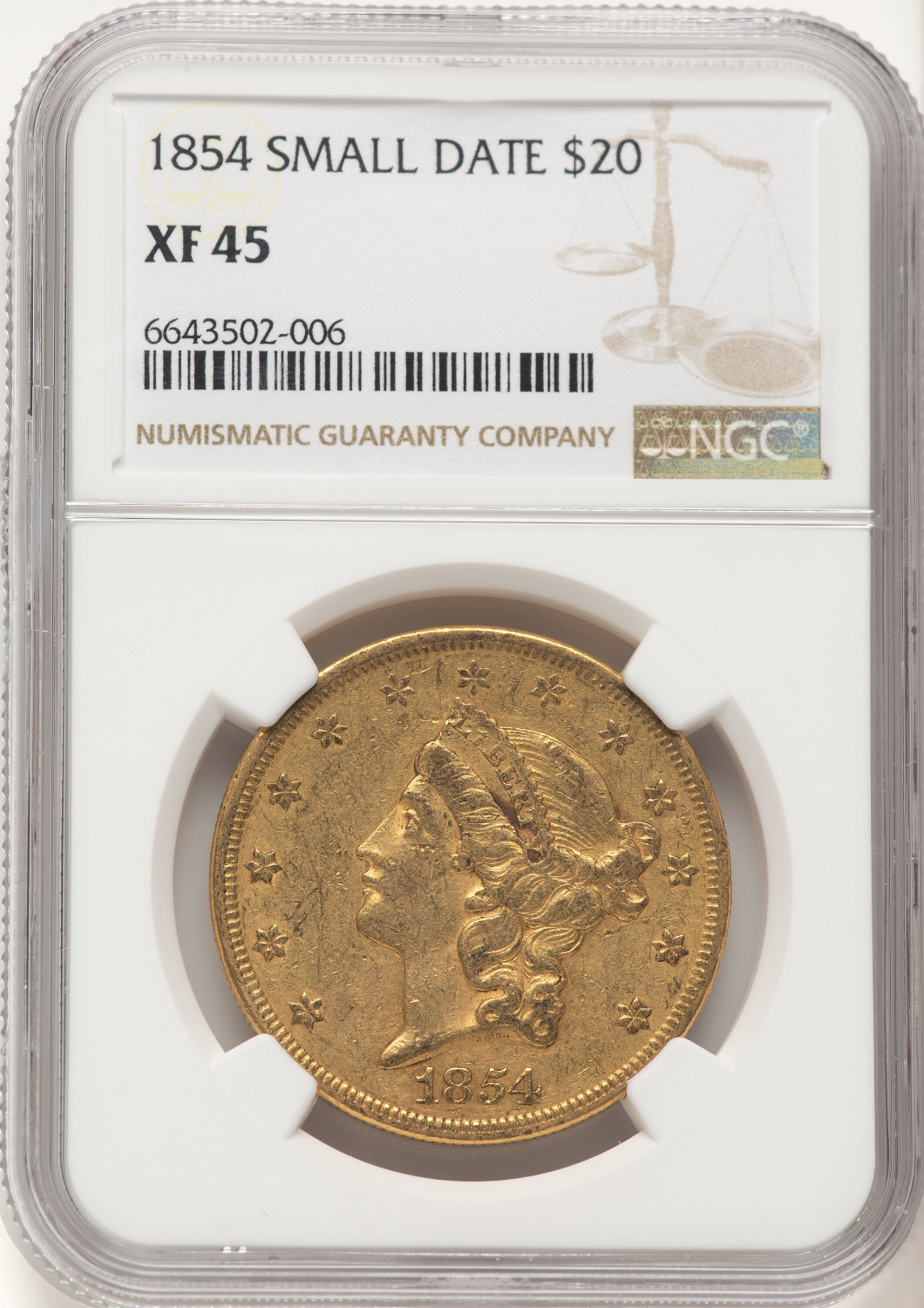 その他 DUNE NO.20 PARADISE 1854 $20 Small Date Liberty Double Eagle NGC XF45 - LCR Coin