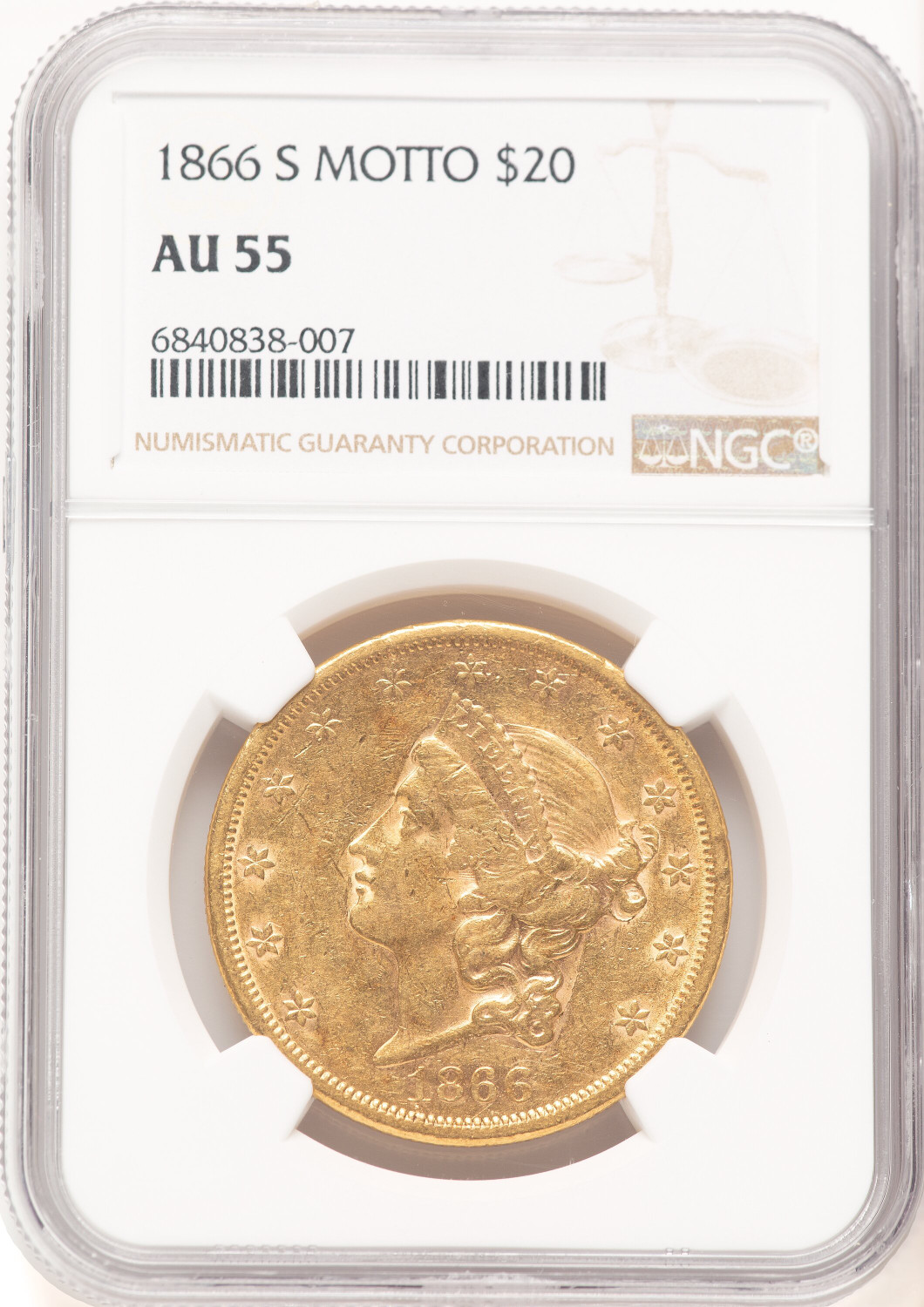 1866-S $20 MOTTO Liberty Double Eagle NGC AU55 (521828021) - LCR Coin