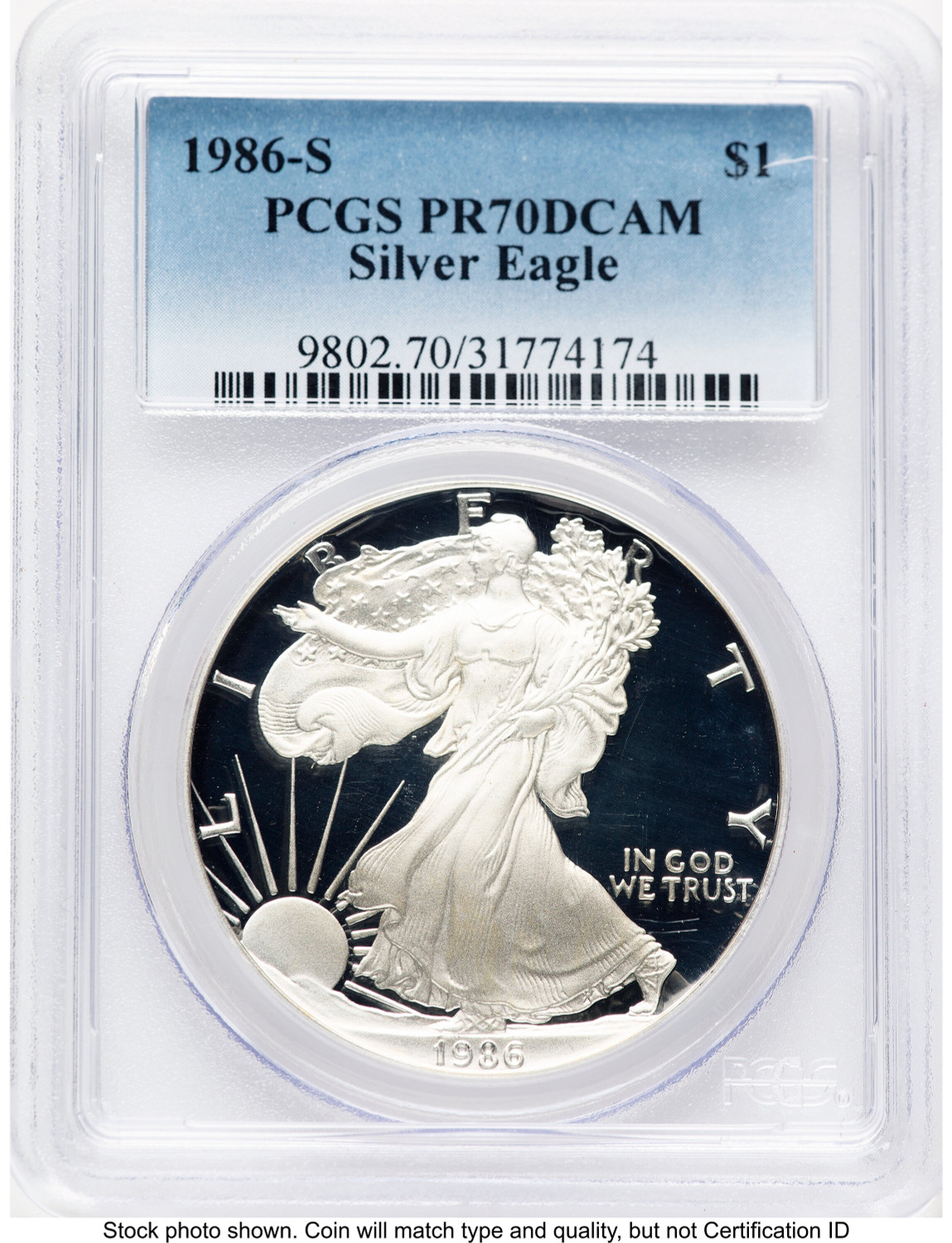 1986-S Proof Silver Eagle 1 oz Blue Gradient PCGS PR70 - LCR Coin