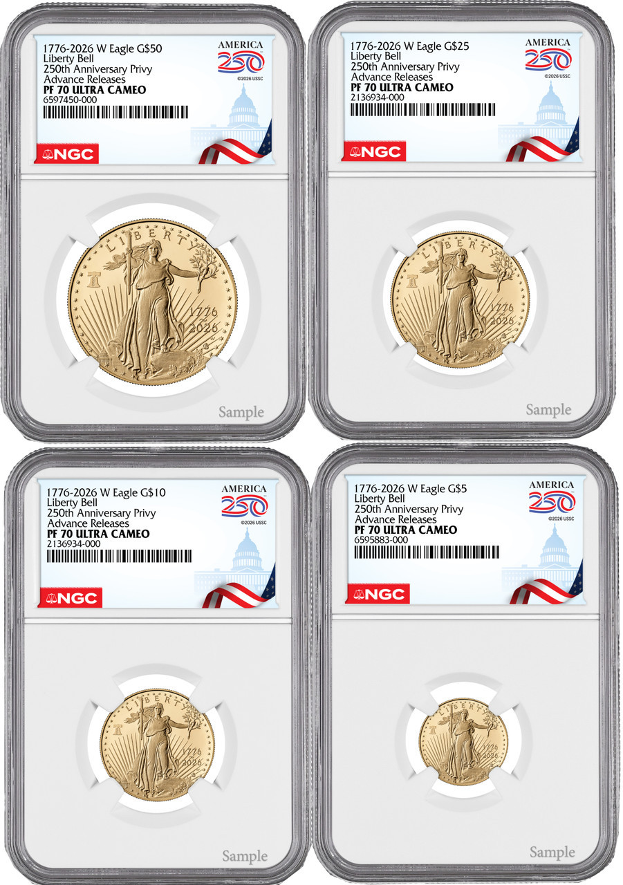 1776-2026-W Proof Gold Eagle 250 Liberty Bell 4-Coin Set AR NGC