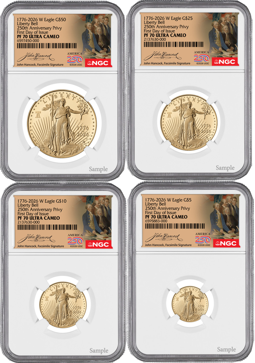 2026-W Proof Gold Eagle Liberty Bell 4-Coin Set FDI NGC PF70UCAM