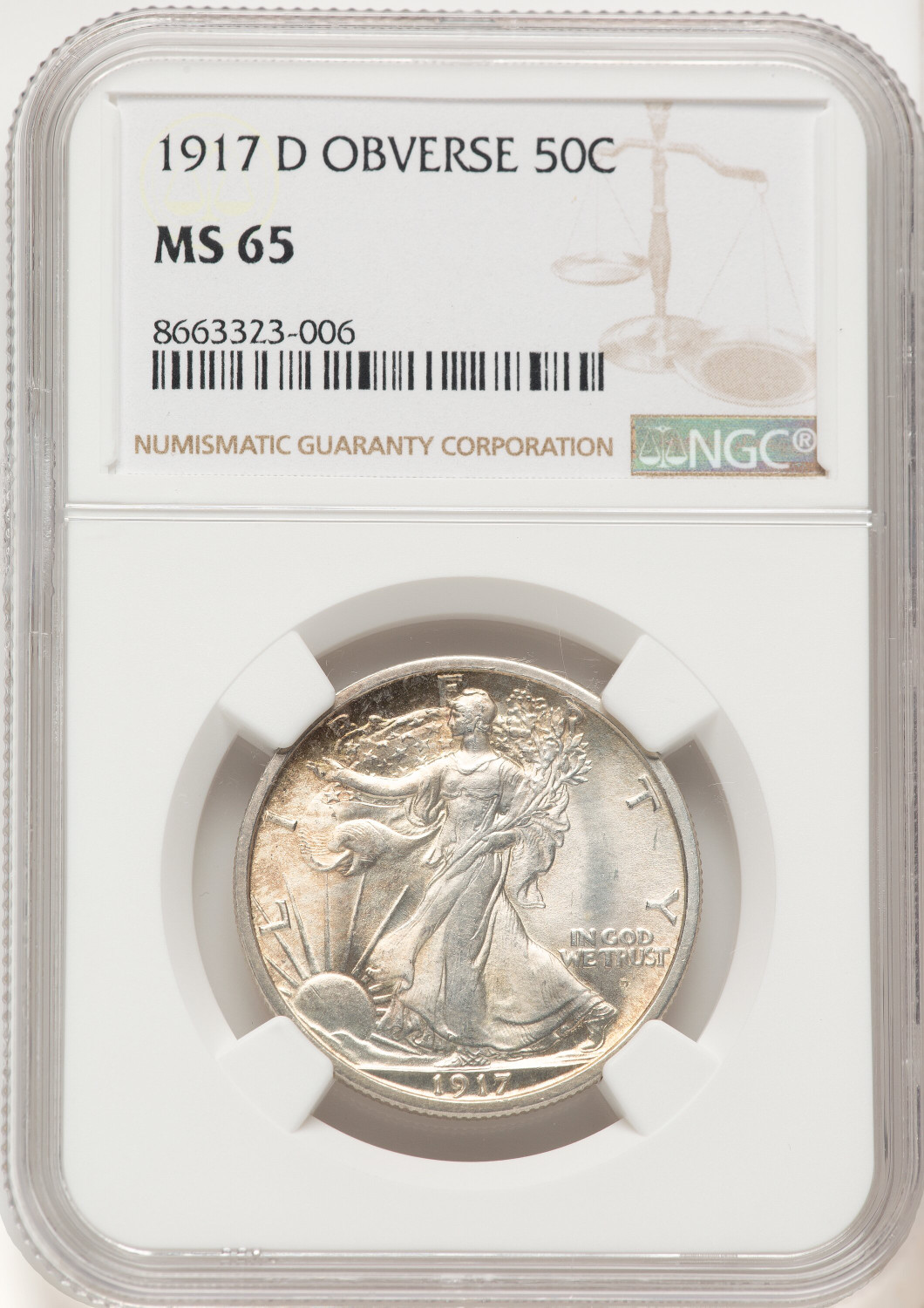 1917-D 50C OBVERSE Walking Liberty Half Dollar NGC MS65 - LCR Coin