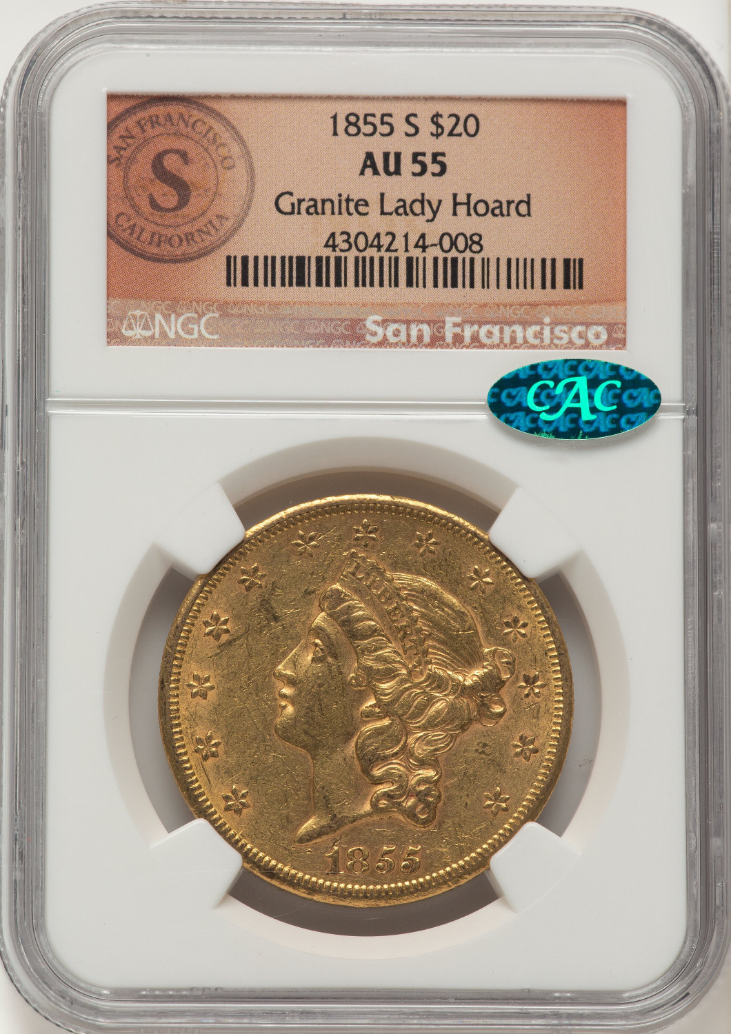 1855-S $20 CAC Liberty Double Eagle NGC AU55 - LCR Coin