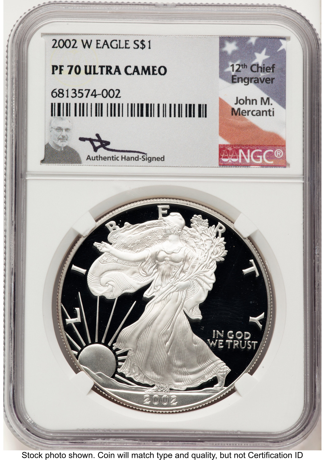 2002年 アメリカ1オンスイーグル銀貨 NGC高鑑定 2002-W Proof Silver Eagle 1 oz John NGC PF70 Mercanti - LCR Coin