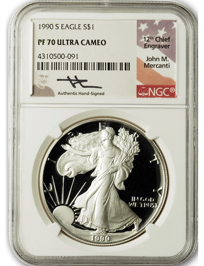1990-S American Silver Eagle NGC PF70 Cameo Mercanti | LCR Coin