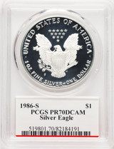 1986-S Proof Silver Eagle 1 oz John Bridge PCGS PR70 Mercanti