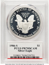 1986-S Proof Silver Eagle 1 oz John Bridge PCGS PR70 Mercanti