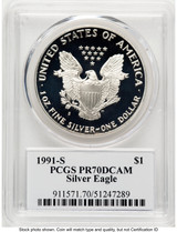 1991-S Proof Silver Eagle 1 oz TD Rogers PCGS PR70 (781017097)