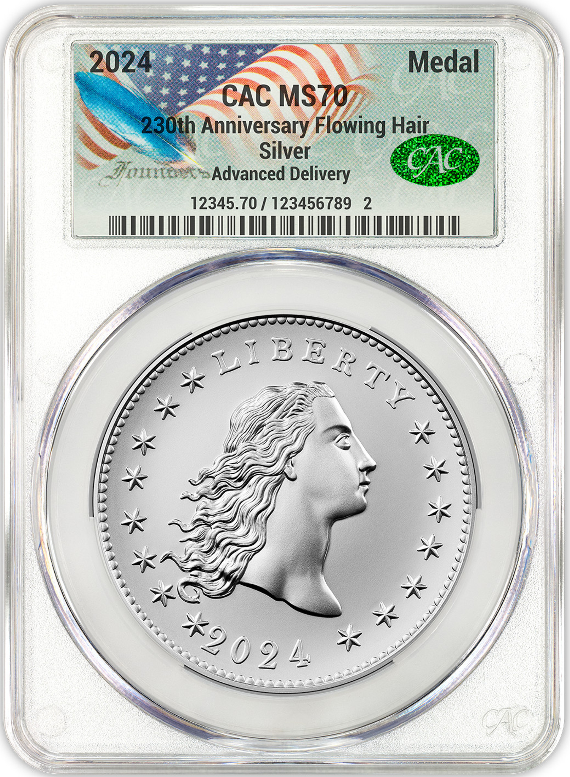 230th Anniversary Flowing Hair Silver Medal 2024 Silver Medal Flowing Hair 230th Anniversary AD CAC MS70 | LCR Coin