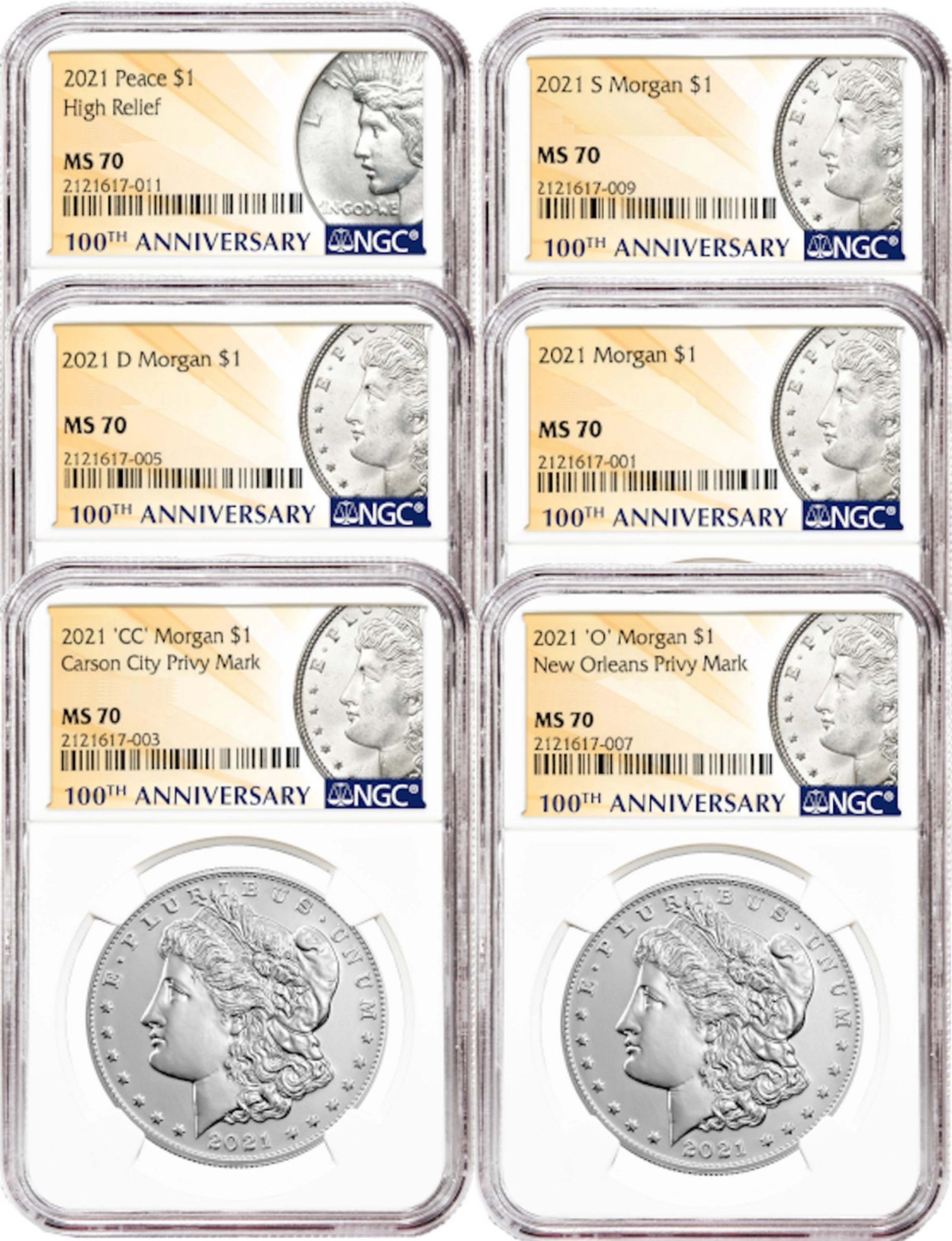 2021 Peace Dollar NGC MS70 6pc Complete Set LCR Coin