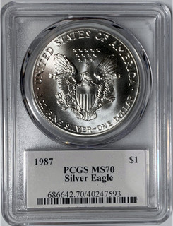 1987 $1 Silver American Eagle PCGS MS70 John Mercanti Signed