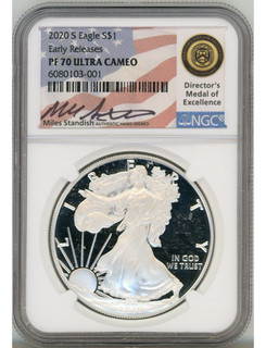 2020-S $1 Proof Silver Eagle NGC PF70 Ultra Cameo Miles Standish Signed