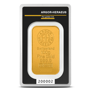 100 Gram Argor Heraeus Gold Bar (New w/ Assay)