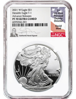 2021-W T1 Silver Eagle Advanced Releases NGC PF70 David Motl Signed