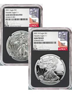 2021-W Type 1 Silver Eagles 2 Coin set GEM & GEM PROOF BC NGC David Motl Signed