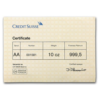 10 oz Credit Suisse Platinum Bar New Assay (.9995 Fine, w/Assay)
