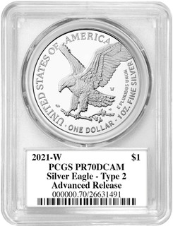 2021-W Type 2 Silver Eagle Advanced Release PCGS PR70DCAM Damstra Signed