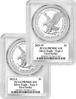 2021-S 2021-W Type 2 Silver Eagle 2-Coin Set PCGS PR70DCAM Emily Damstra Signed