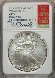 2008-W S$1 Silver Eagle Burnished SP Modern Bullion Coins NGC MS70