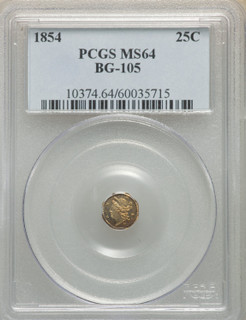 1854 Liberty Octagonal 25 Cents BG-105 R.3 California Fractional Gold PCGS MS64