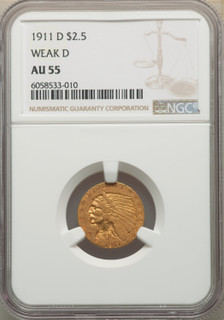 1911-D $2.50 WEAK D Indian Quarter Eagle NGC AU55