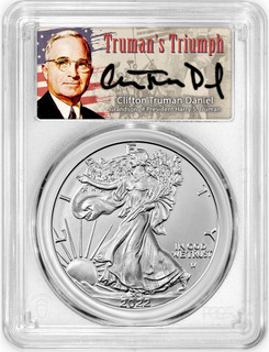 2022 Silver Eagle First Day of Issue Truman's Triumph Label PCGS MS70