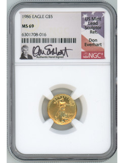 1986 $5 Tenth Ounce Gold Eagle NGC MS69 Don Everhart Signed