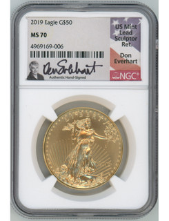 2019 $50 One Ounce Gold Eagle NGC MS70 Don Everhart Signed