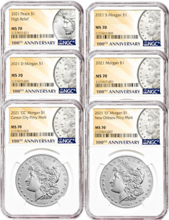 2021 Morgan Peace Dollar NGC MS70 6-pc Complete Set 100th Anniversary