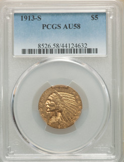 1913-S $5 Indian Half Eagle PCGS AU58