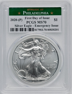 2020-(P) S$1 Silver Eagle Emergency Issue Struck at Philadelphia First Day of Issue PCGS MS70
