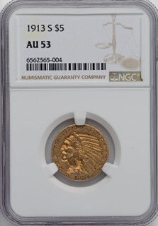 1913-S $5 Indian Half Eagle NGC AU53