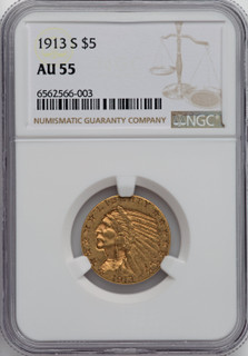 1913-S $5 Indian Half Eagle NGC AU55